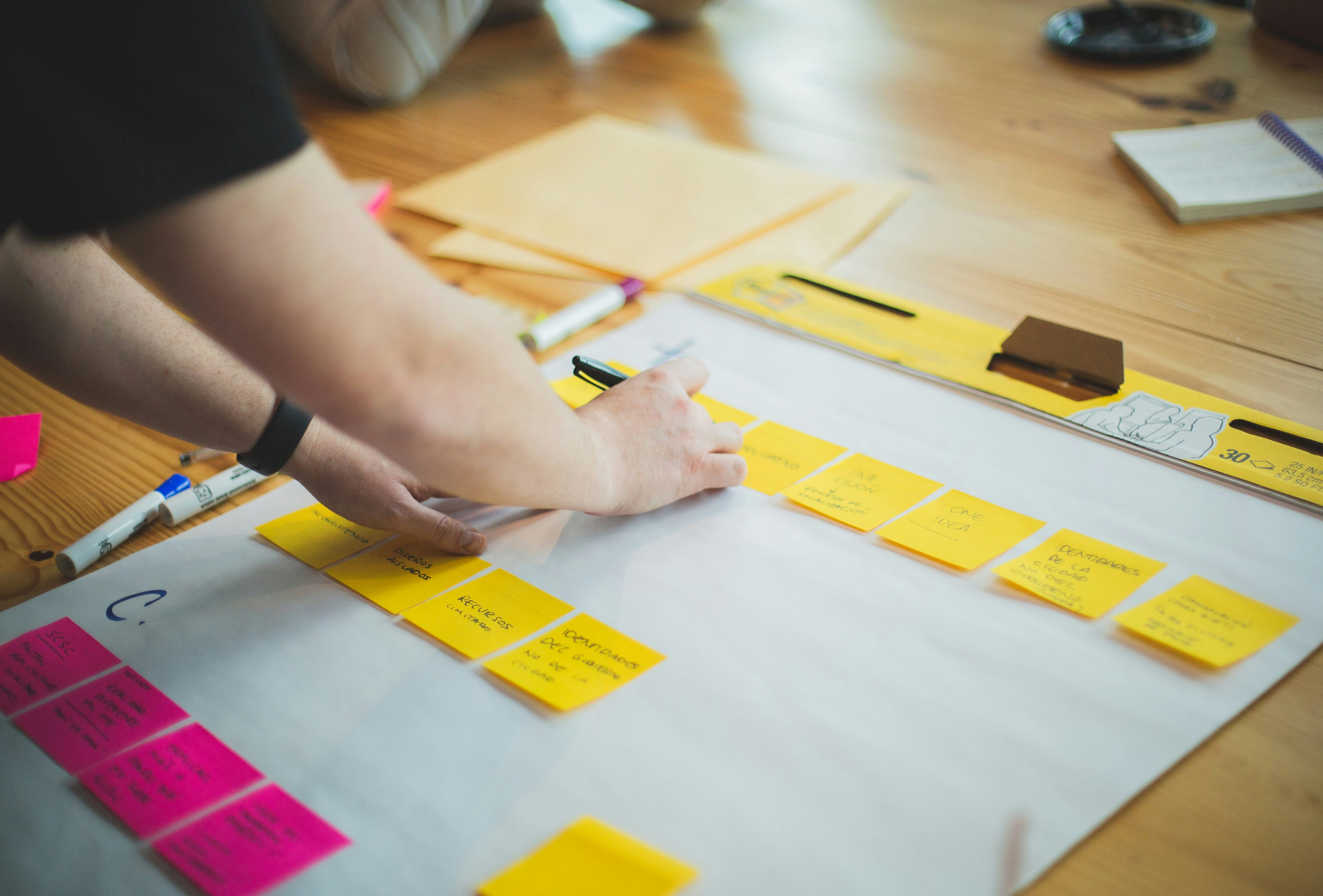 Photo of a person writing on a post-it on a large piece of white paper